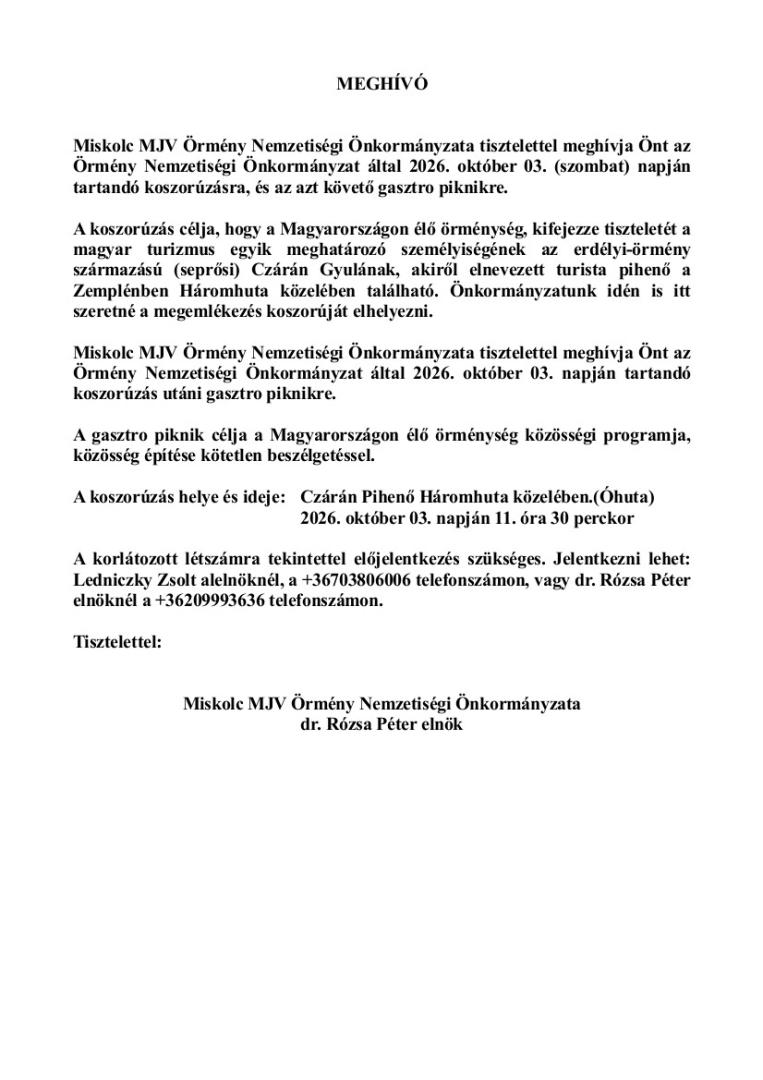 Meghívó - Az Örmény Nemzetiségi Önkormányzat által tartandó koszorúzásra és az azt követő gasztro piknikre - 2026.10.03.